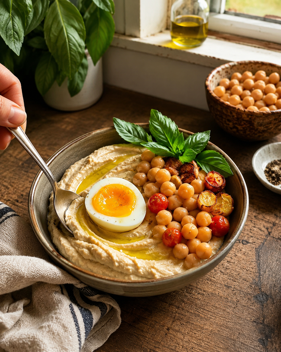Bowl de hummus con huevo y garbanzos